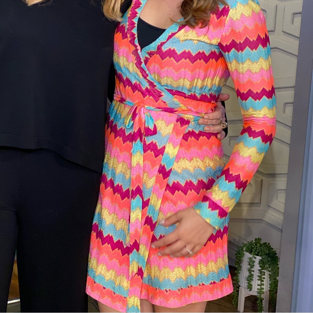 Multicolored striped wrap dress.